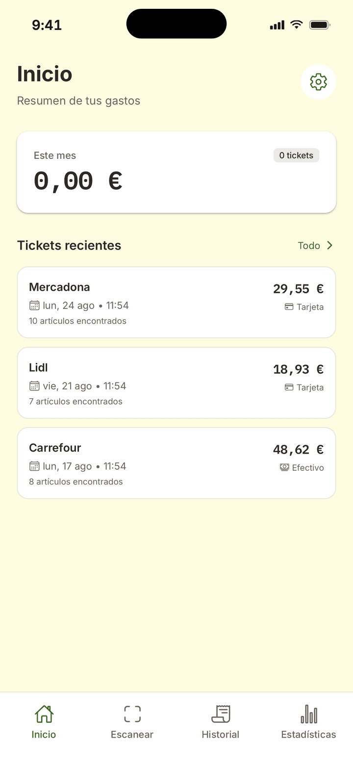 Dashboard with this month's spending and recent receipts