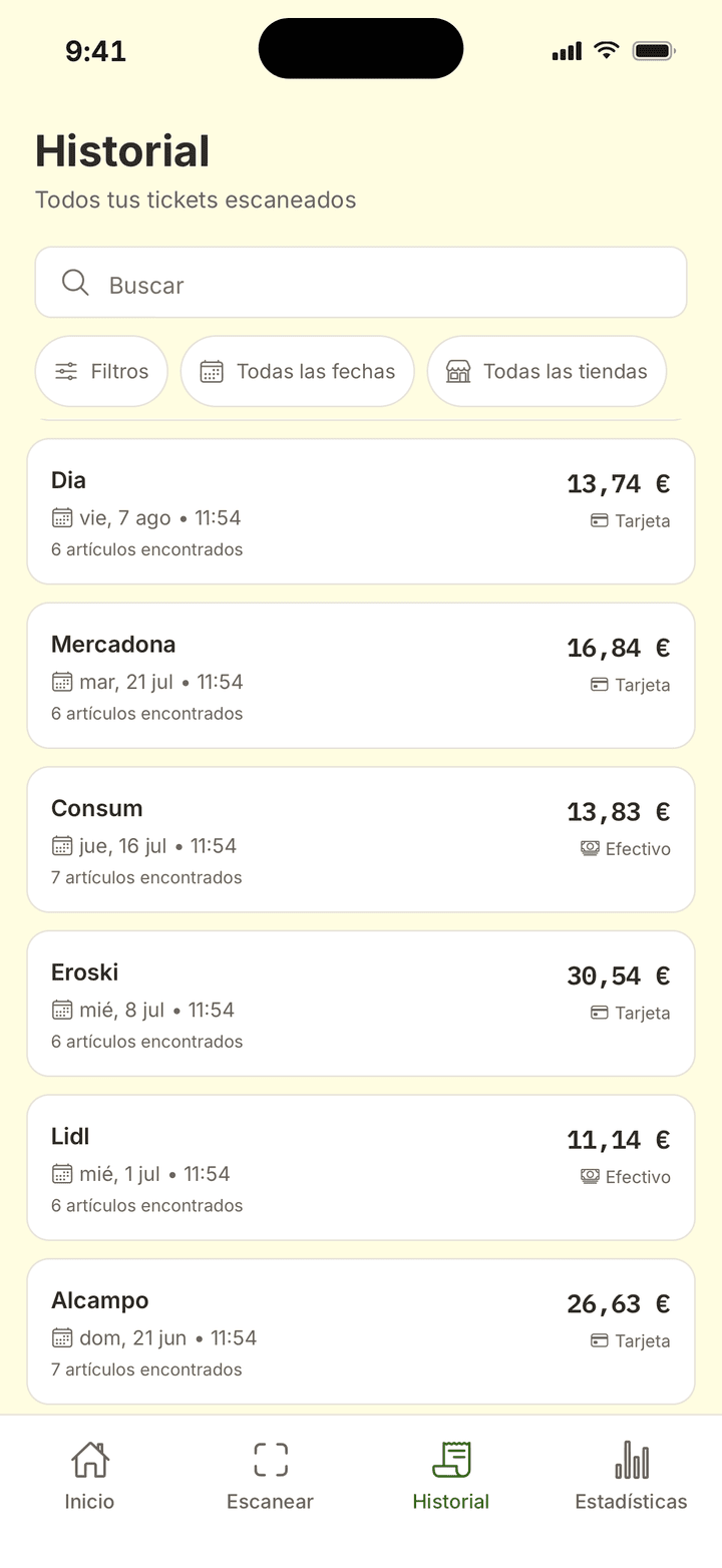Receipt history with search and filters