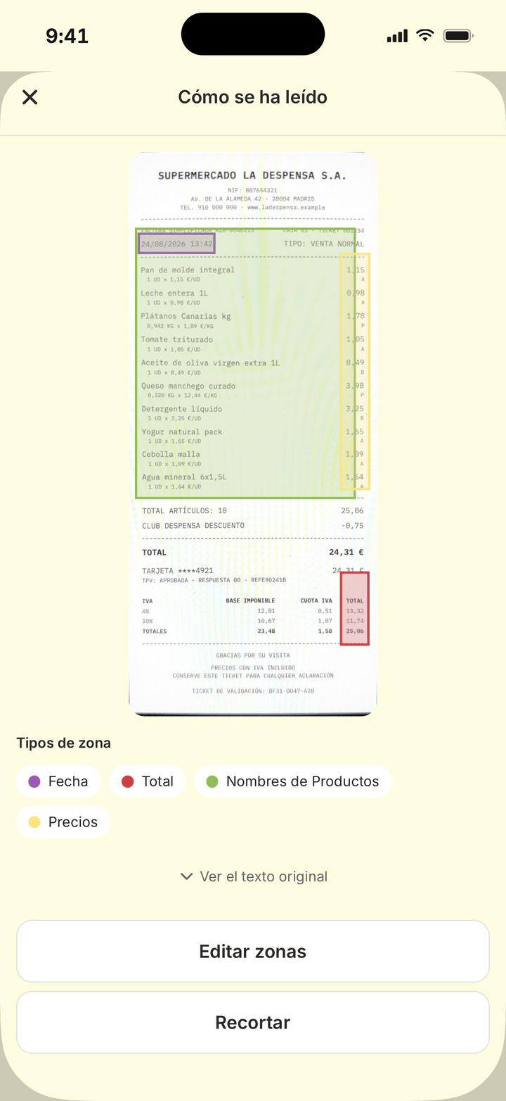 How a receipt was read, with its zones drawn over the image