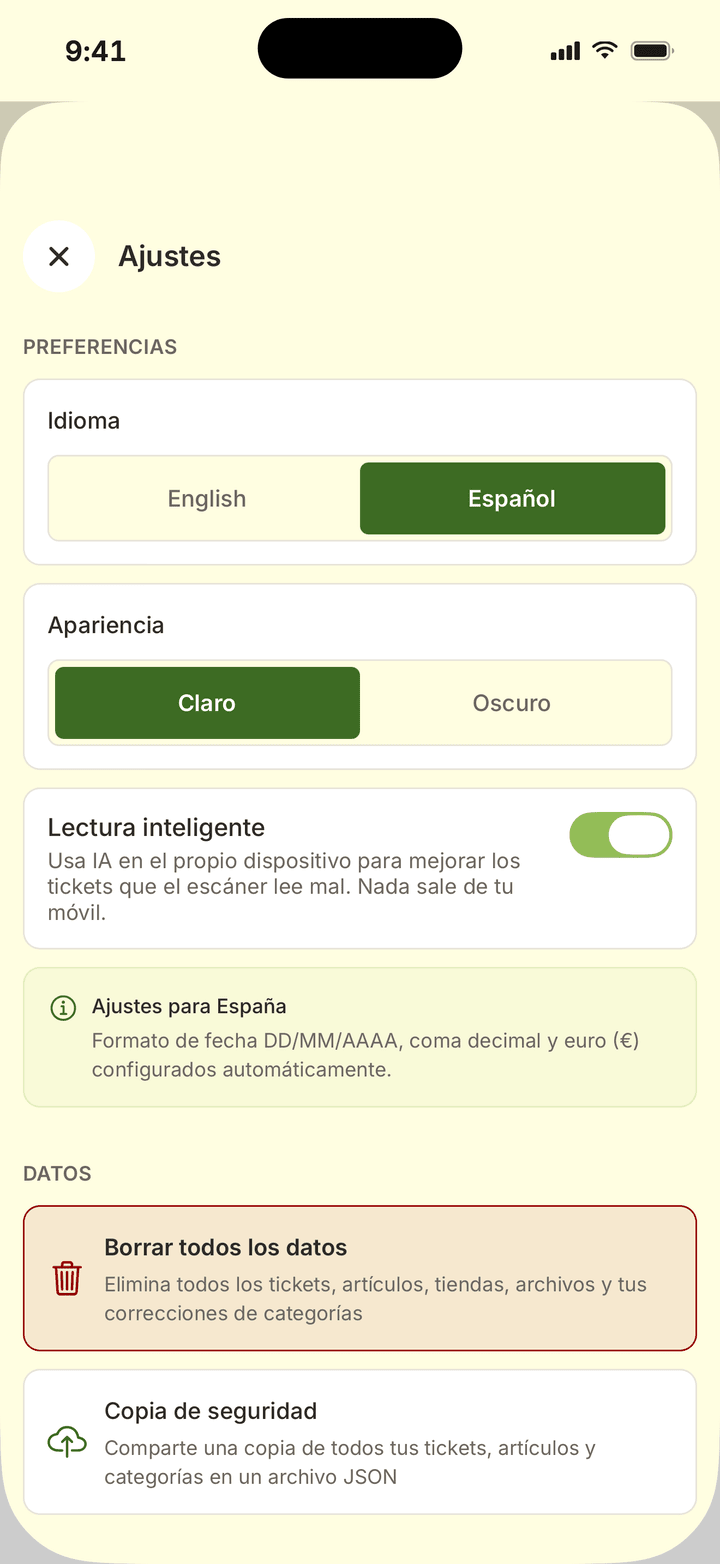 Settings with language, appearance, smart reading and backup
