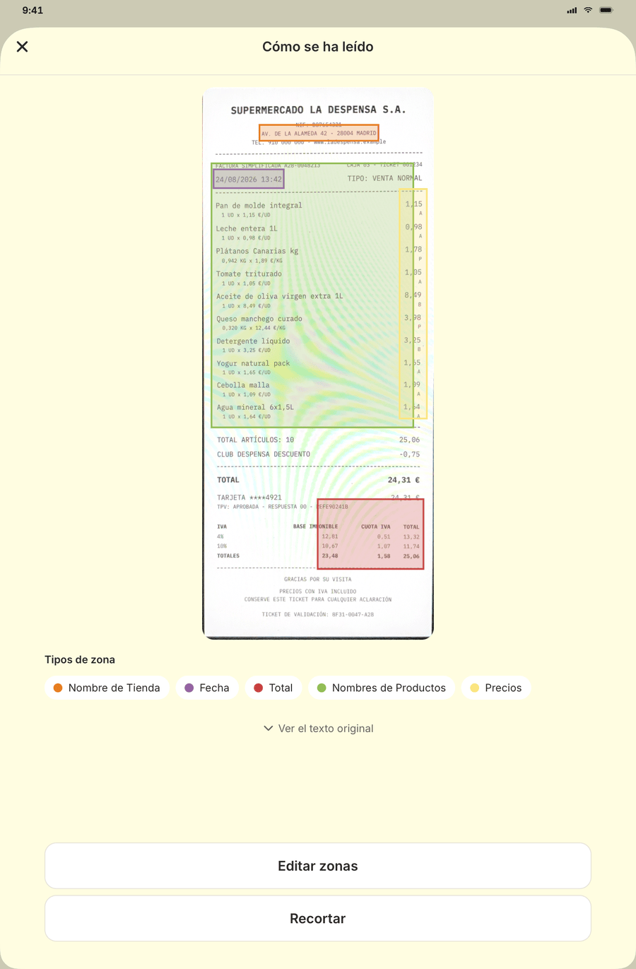 How a receipt was read on a tablet, zones drawn over the receipt