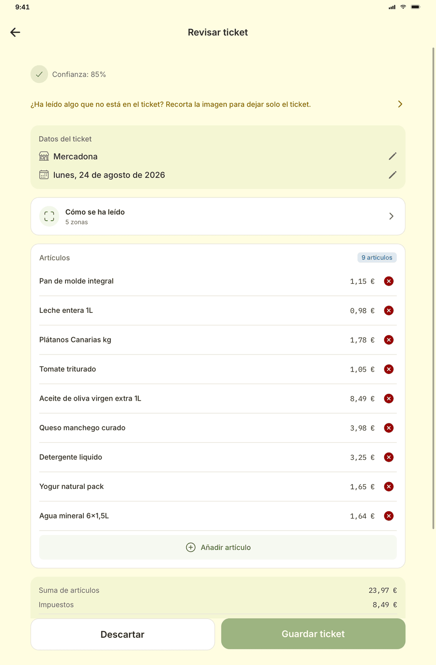 Reviewing a receipt on a tablet, with every line and the totals on one screen
